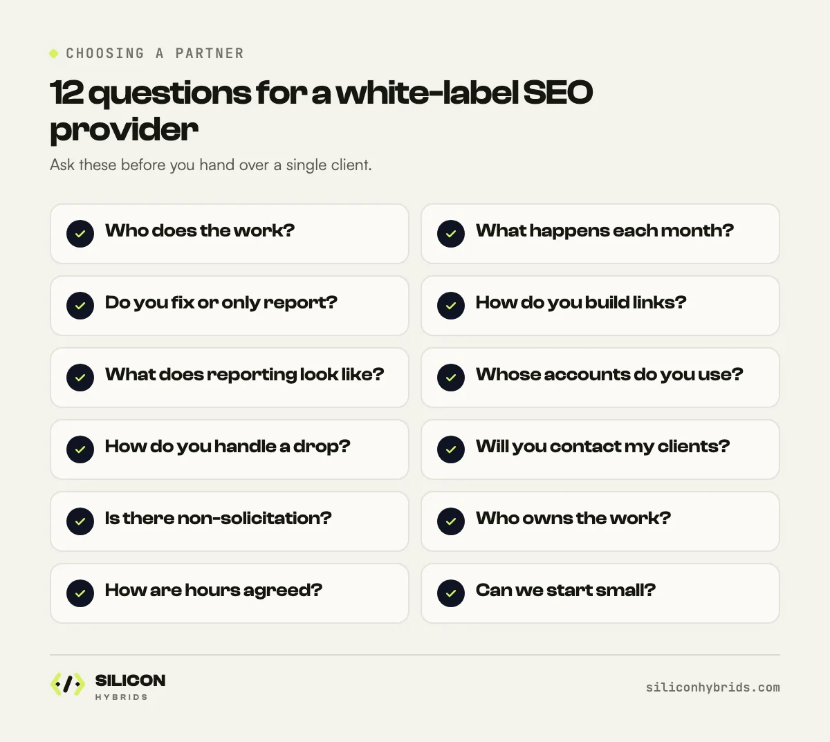Checklist infographic of 12 questions to ask a white-label SEO provider before signing