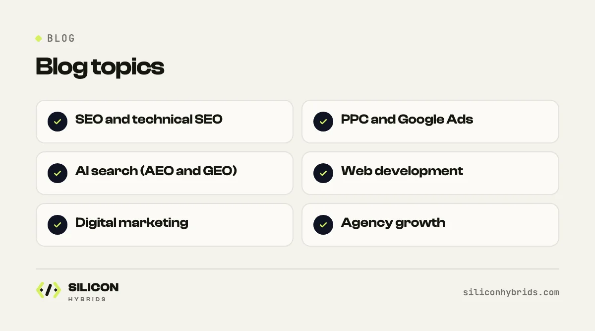 Silicon Hybrids blog topics infographic: SEO, PPC, AI search, web development and marketing