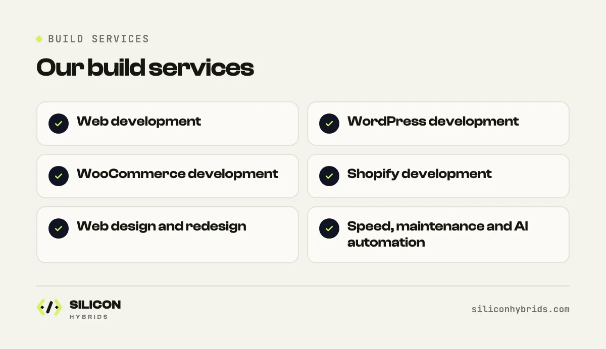 Our build services infographic: web development, WordPress, WooCommerce, Shopify, design, speed and maintenance services