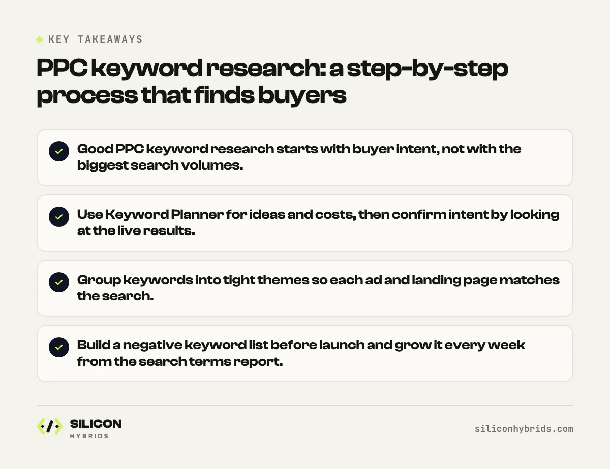 Key takeaways: PPC keyword research: a step-by-step process that finds buyers